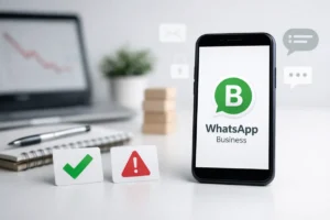 Profissional de negócios analisando regras de disparo no WhatsApp em um smartphone