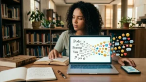 Jovem com smartphone imerso na comunicação digital, com ícones de redes sociais ao redor, simbolizando a transformação da língua portuguesa.